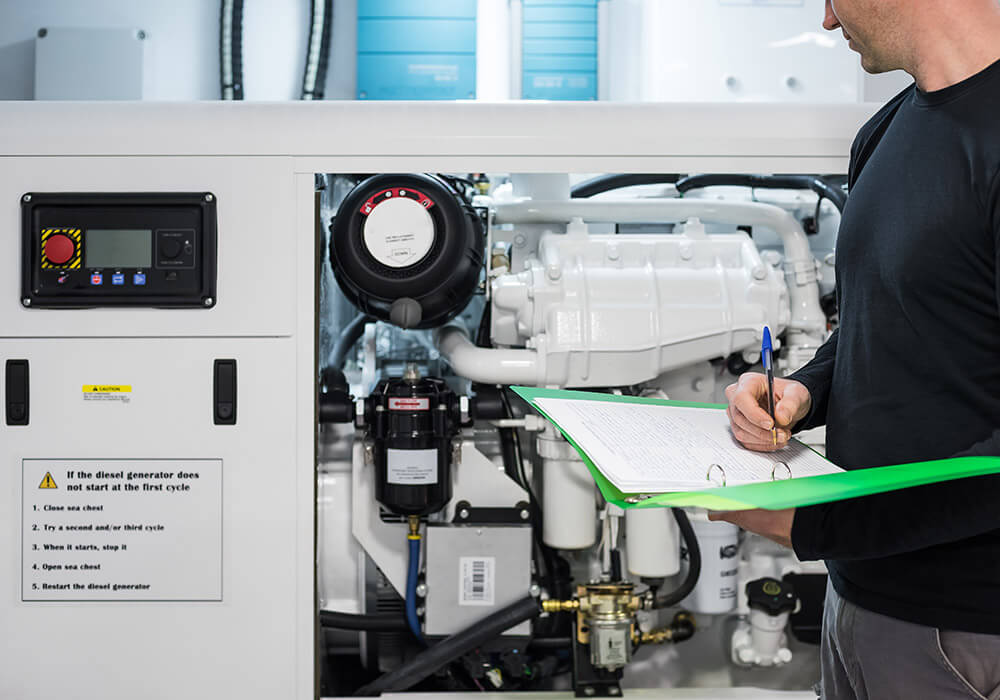 engineer inspecting the generator in an engine room