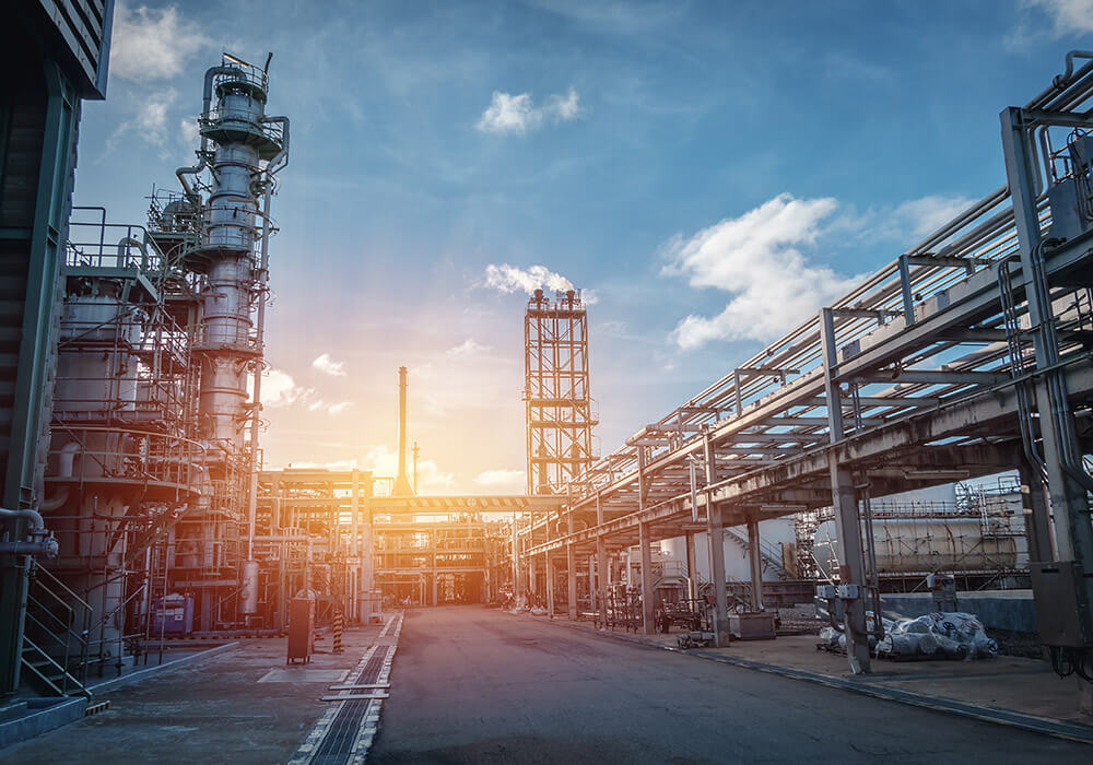 pipe rack industrial plant with sunset sky background